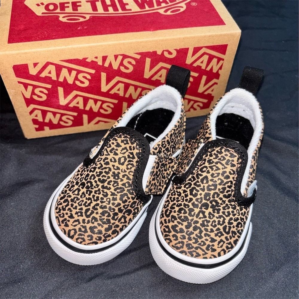 Vans Slip-On V Toddler Sneakers Leopard Print Black Hook & Loop Size 4 Box easy